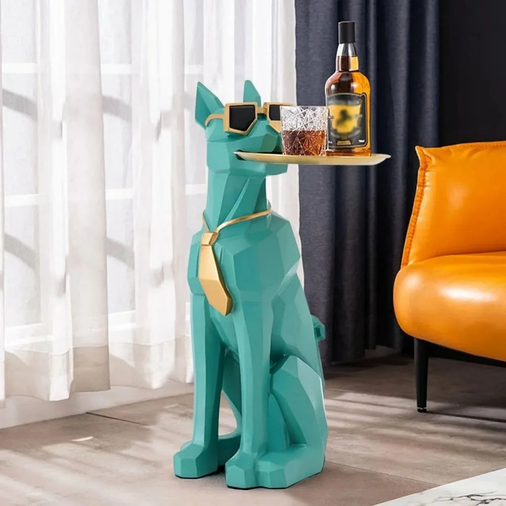 Resin Dog Sculpture Modern Geometric Standing Statue with Tissue Storage, Cute Side End Table Tray (Green)