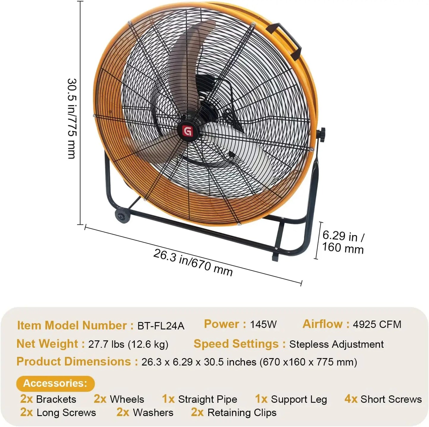 High Velocity Drum Fan, 11756 CFM 3-Speed Adjustable Floor Fan With 360° Tilt, Portable Air Circulator for Industrial Use