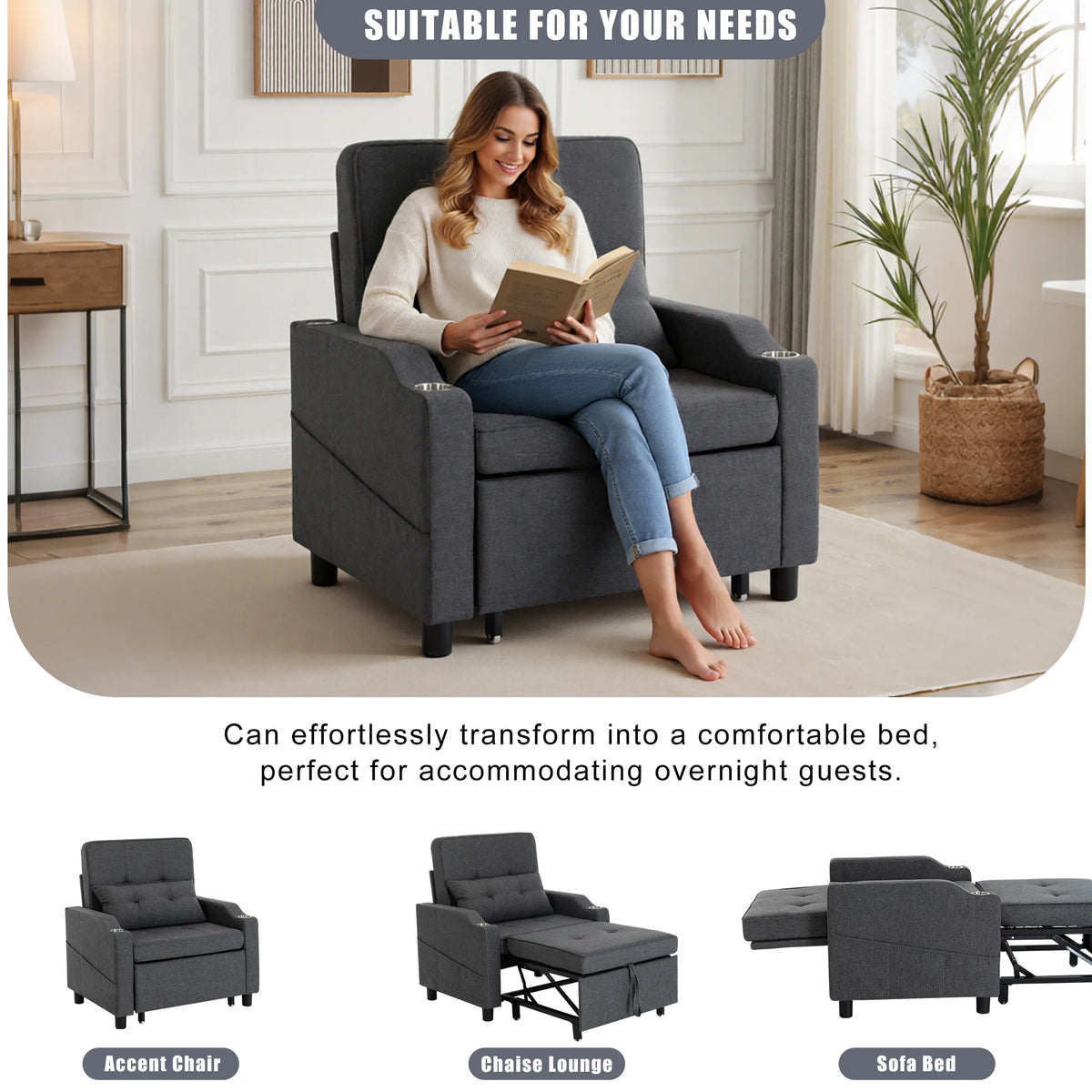 Dark grey 5‑Position Adjustable Single Recliner Chair, Pull‑Out Convertible Sleeper Sofa Bed with Cup Holder USB Charging Side Pocket for Living Room Reading Gaming