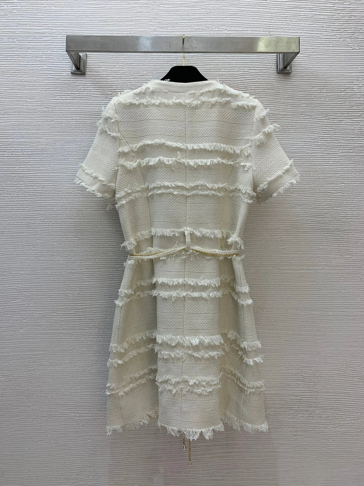 2026 Women Dress Short Sleeve Fringe Trim Woven Fabric Mini Dress Rhinestone Pearl Buttons Chain Belt Pocket Bodycon Outfit