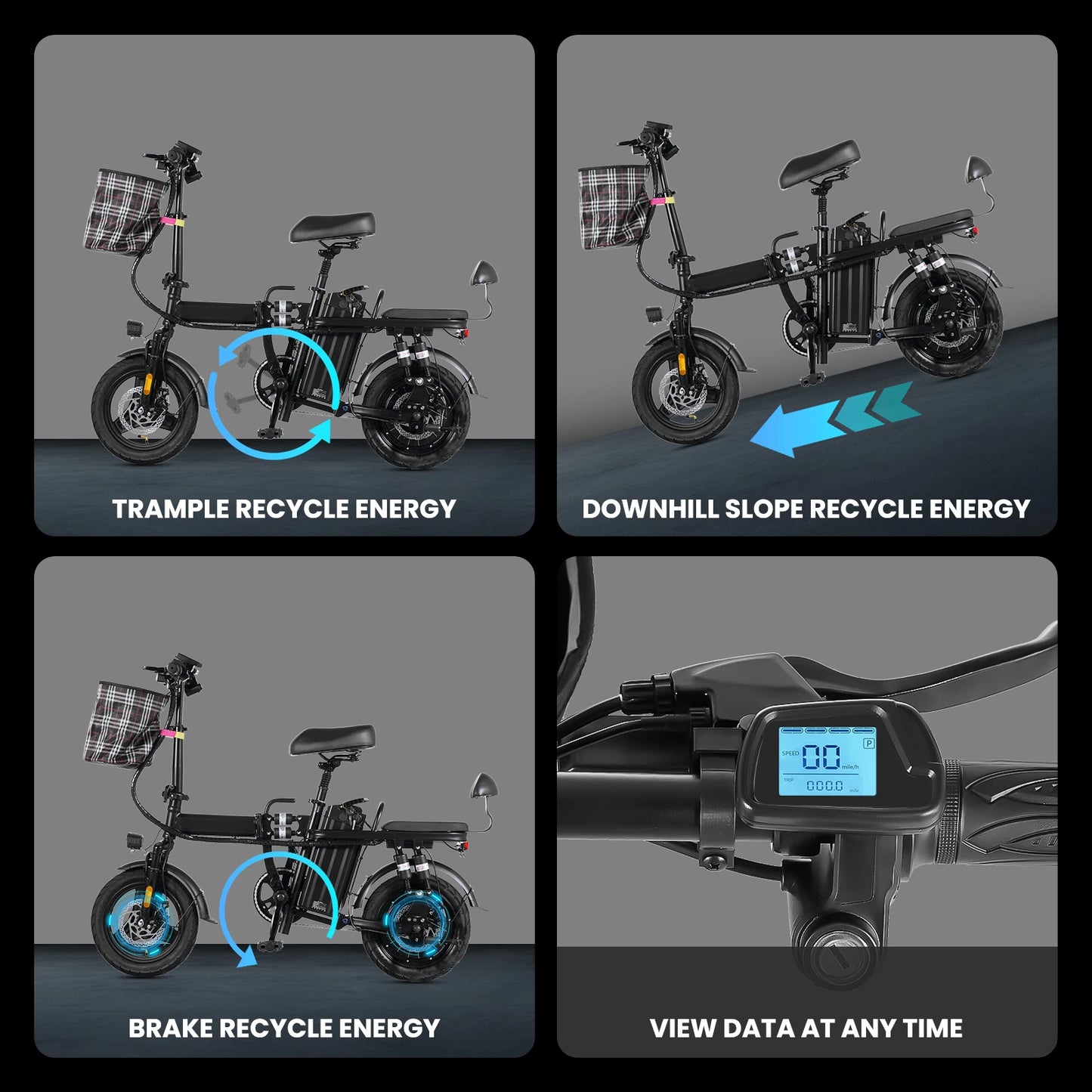 14 Inch Foldable Electric Bicycle 330 Pound Load-bearing Capacity 20 MPH 48V  18-28 Miles Range Portable Folding Design E Bike