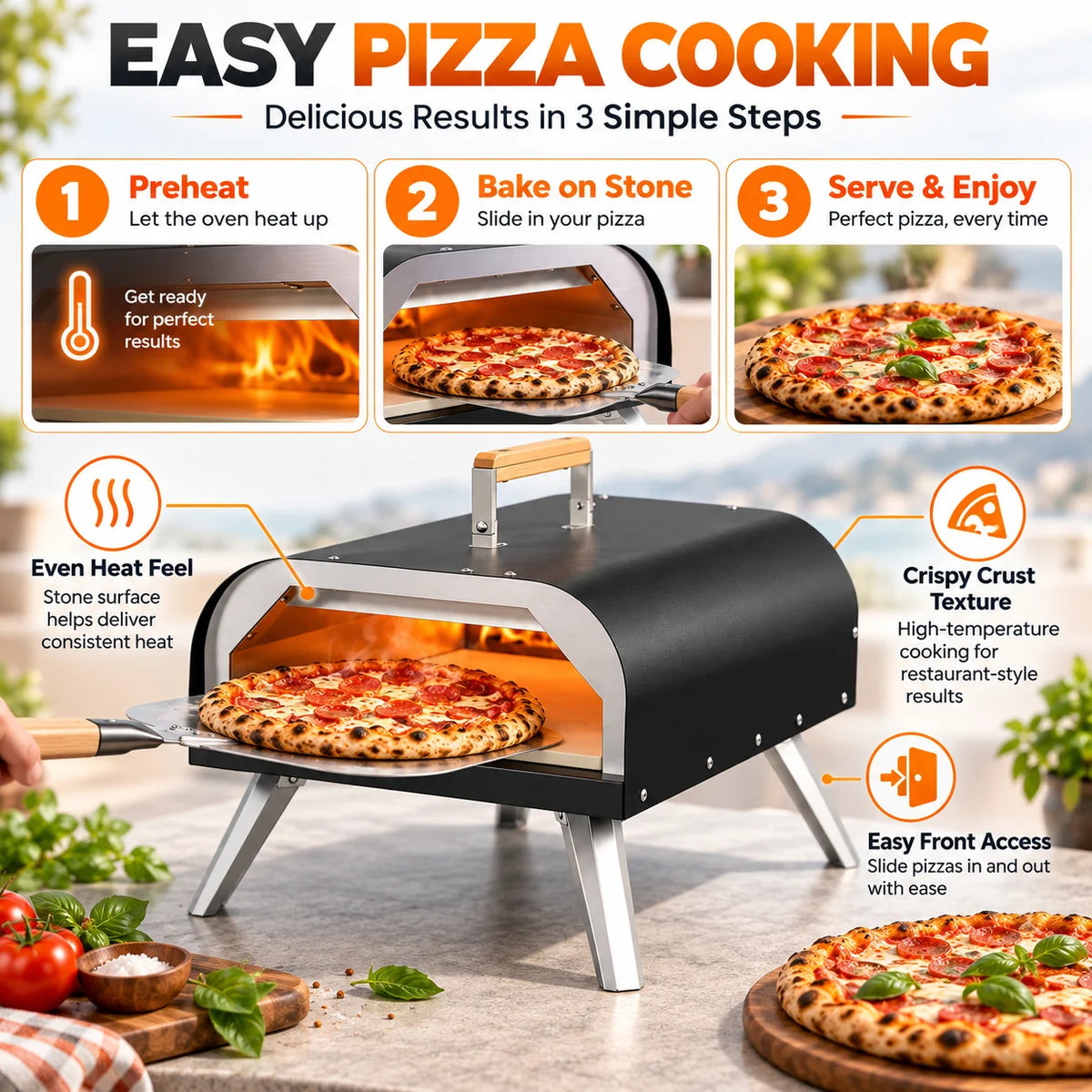 Portable Outdoor Gas Pizza Oven, 12 Inch Propane Pizza Maker with Pizza Stone, High Temperature Stainless Steel Pizza Grill for Backyard Camping Garden Homemade Italian Pizza