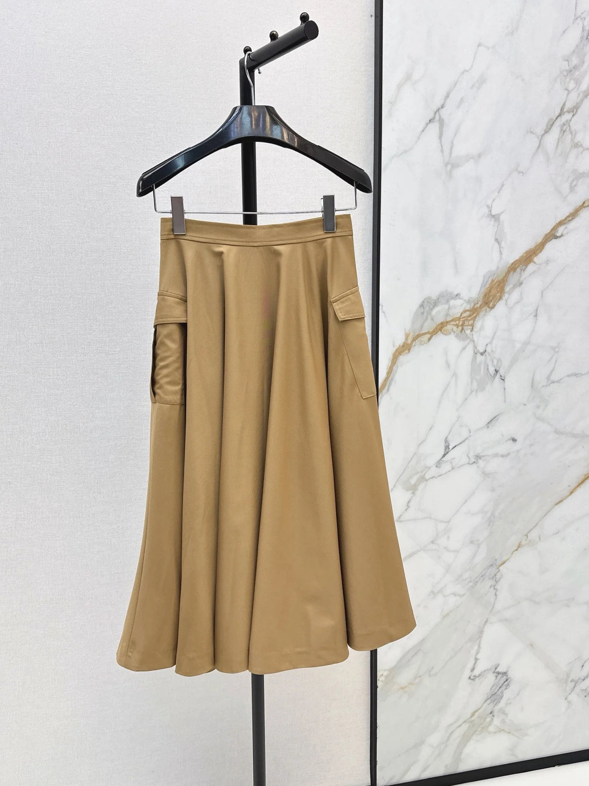 2026 Women Skirt High‑Waist A‑Line Midi Skirt Cargo‑Style Side Patch Pockets Side Single Row Metal Buttons Full Flare Swing H