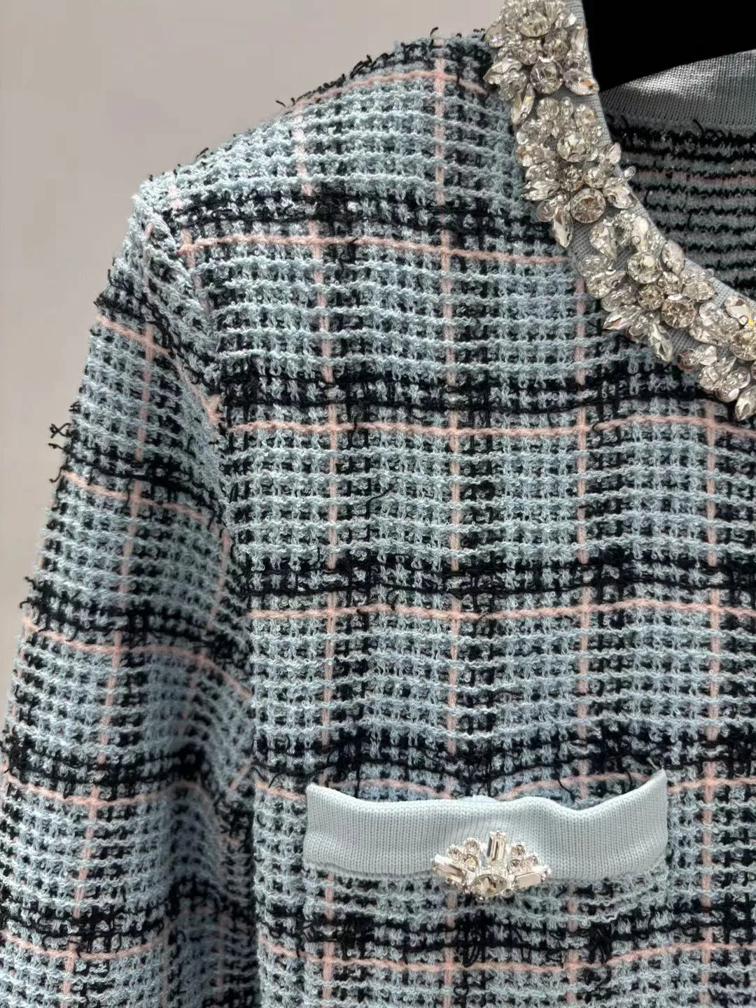 2026 Women Dress Knitted Plaid Beaded Neckline Flower Decor Buttons Multi Patch Pockets Long Sleeve Ruffle Hem