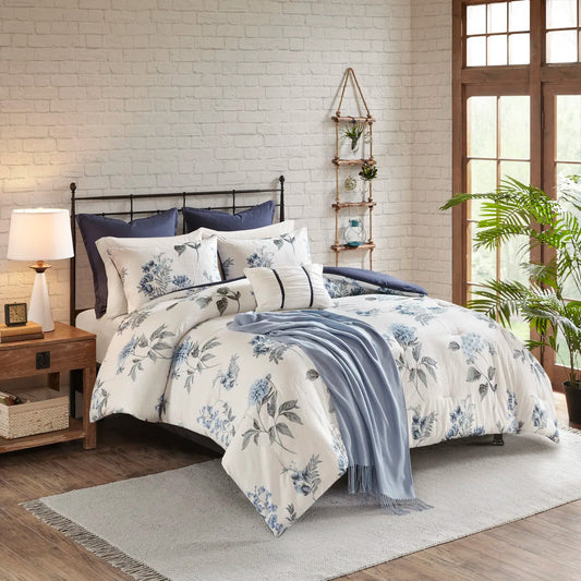 7 Piece Printed Seersucker Comforter Set with Throw Blanket Blue Full/Queen (Blue + Microfiber + Full)'