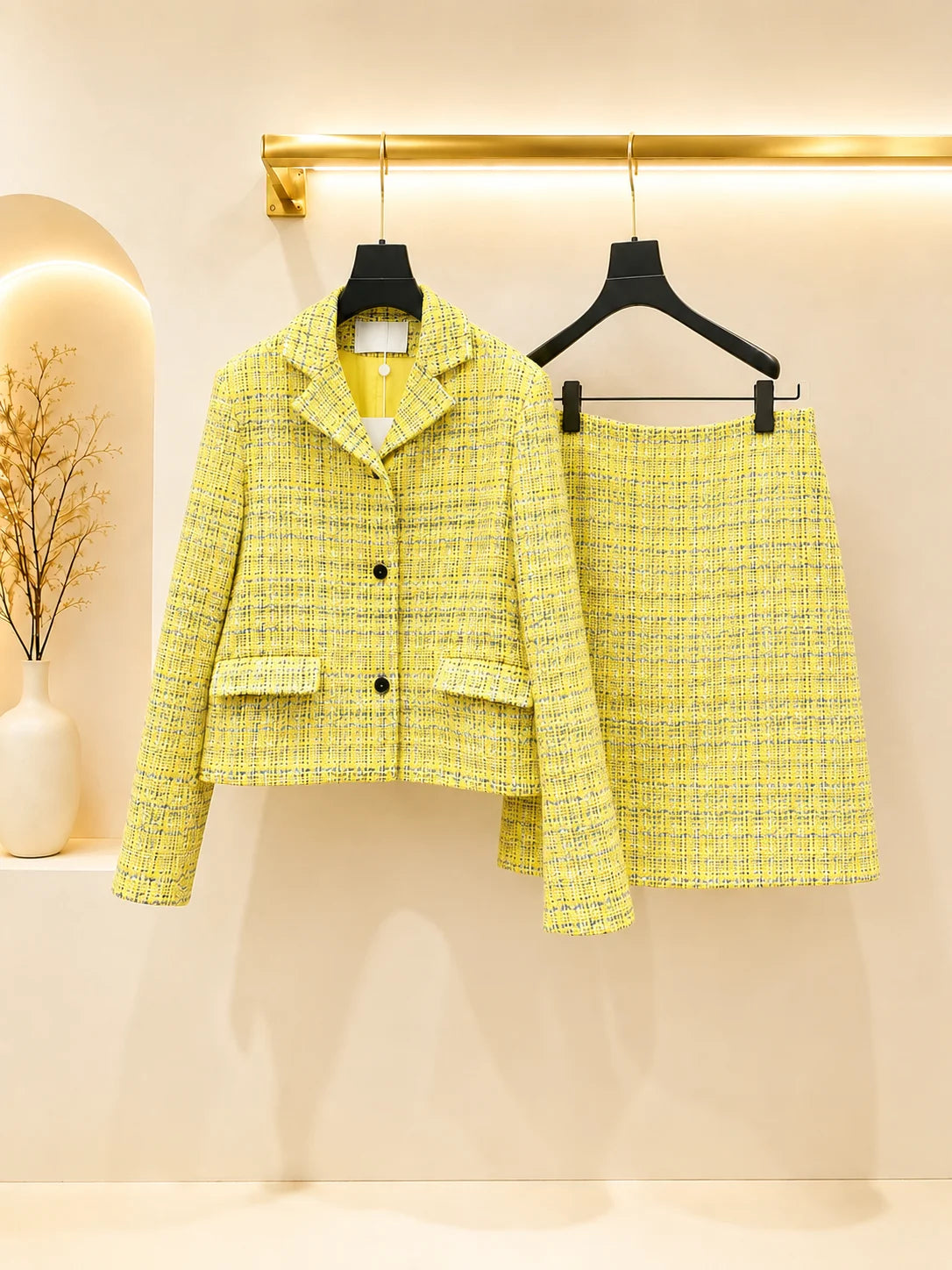 2026 Women Two Piece Tweed Matching Outfit Silver Yarn Blended Fabric Long Sleeve Jacket A‑Line Midi Skirt
