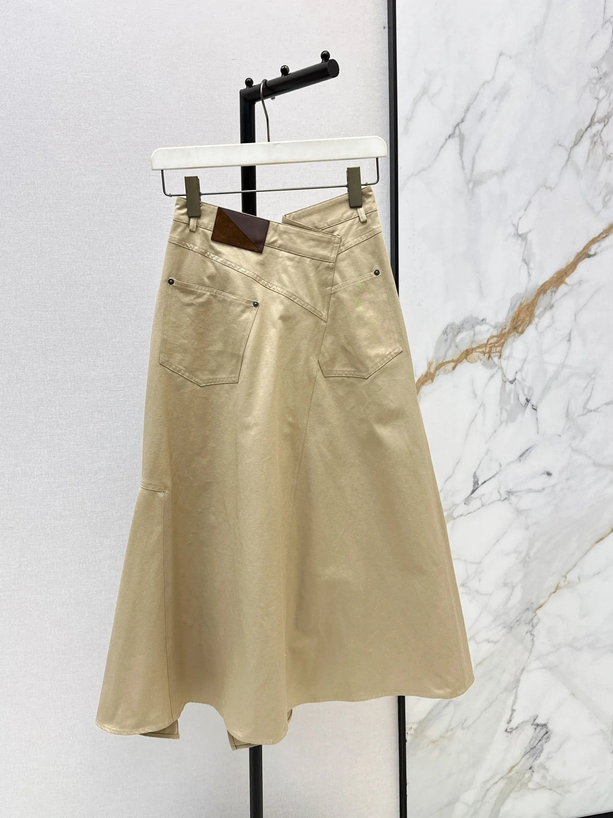 2026 Women Two Piece Set High Collar Leather Patch Zip Up Jacket High Waist Irregular Midi Skirt