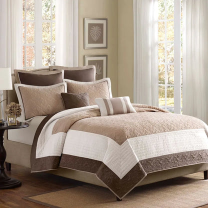 7 Piece Quilt Set with Euro Shams and Throw Pillows Beige King/Cal King (Beige + Cotton + King)"