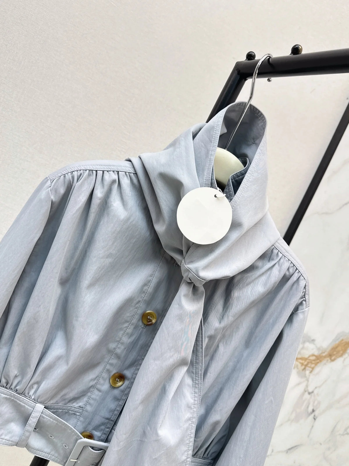 2026 Women Jacket Cropped Stand Collar Outerwear Doll Silhouette Sash Detail Custom Dyed Blue Plain Fabric