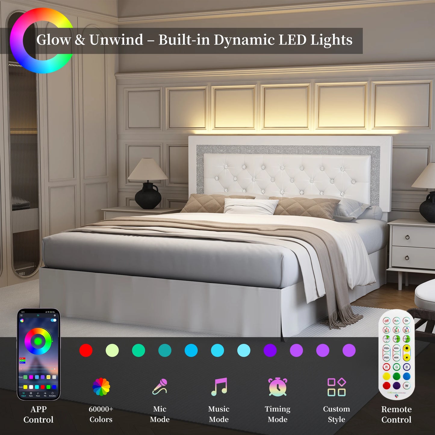 SIBEDS Queen Bed Frame with LED Lights, Adjustable Headboard, Tufted Linen Upholstery, Skirt, Wood Slats, Easy Assembly