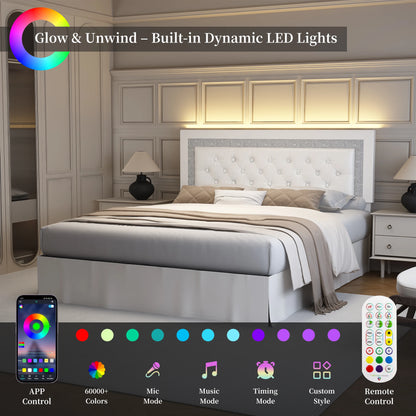SIBEDS Queen Bed Frame with LED Lights, Adjustable Headboard, Tufted Linen Upholstery, Skirt, Wood Slats, Easy Assembly