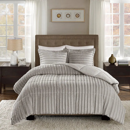 King/Cal King Faux Fur Comforter Mini Set (Grey + Polyester + King)'