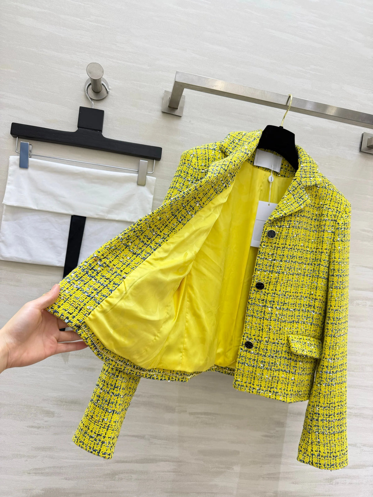 2026 Women Two Piece Tweed Matching Outfit Silver Yarn Blended Fabric Long Sleeve Jacket A‑Line Midi Skirt