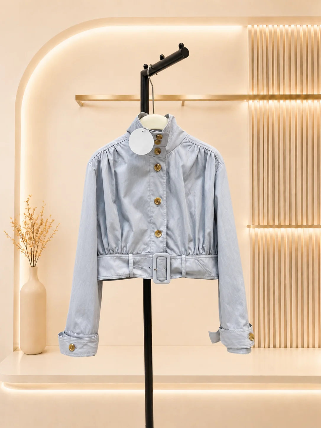 2026 Women Jacket Cropped Stand Collar Outerwear Doll Silhouette Sash Detail Custom Dyed Blue Plain Fabric