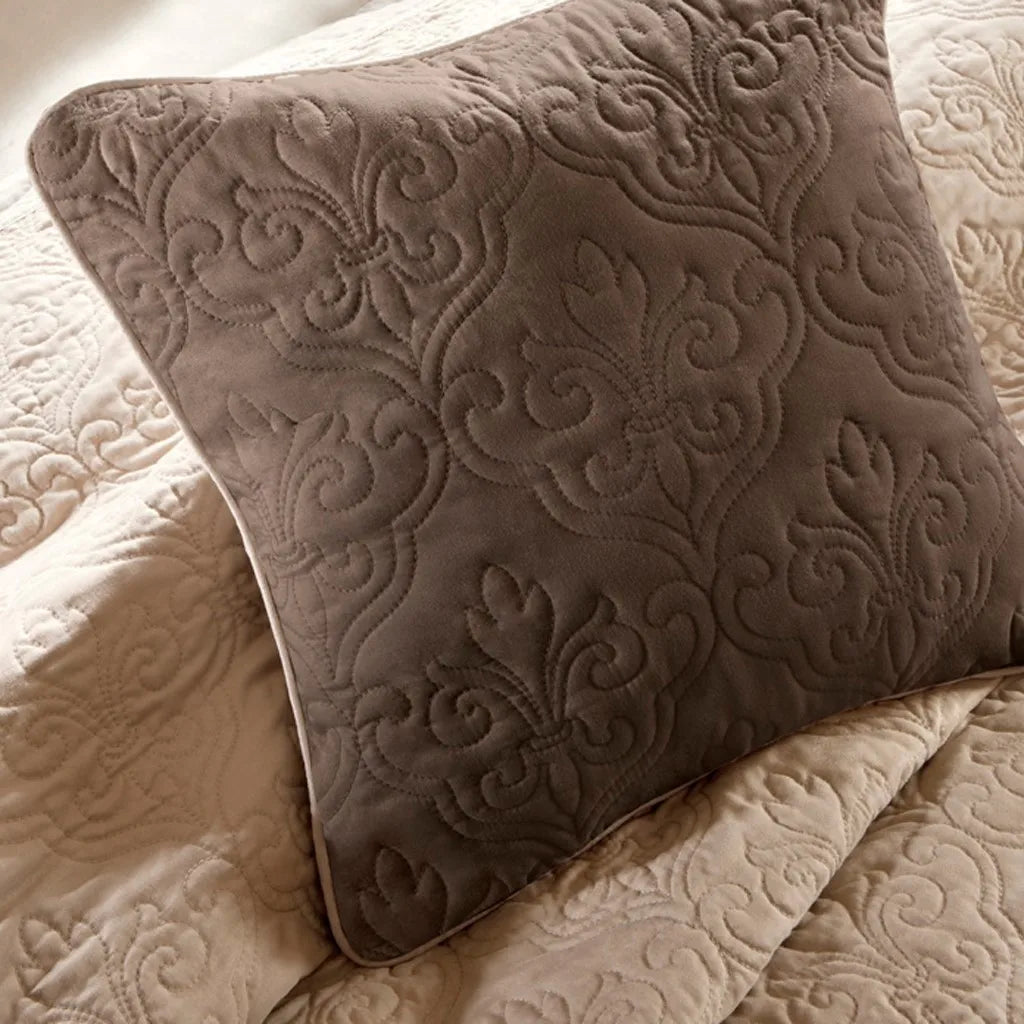 7 Piece Quilt Set with Euro Shams and Throw Pillows Beige King/Cal King (Beige + Cotton + King)"