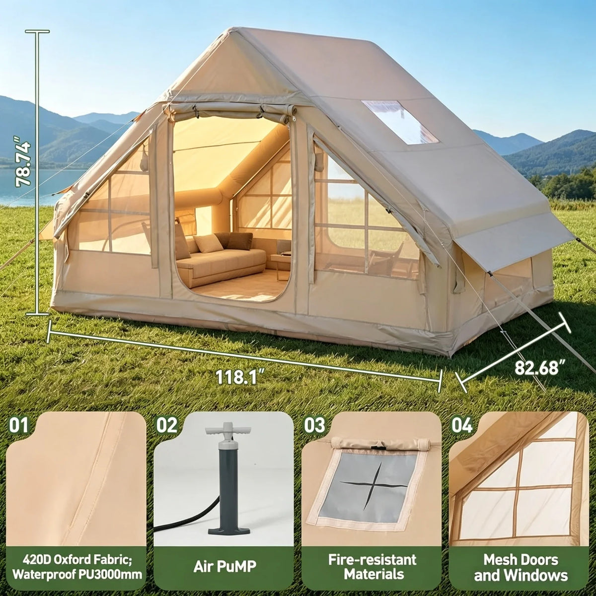 4/6/8 Person Inflatable Tent Blow Up Camping Tent With Skylight And Stove Jack Waterproof 420D Oxford Air Tent With Hand Pump Family Hot Tent Instant Setup
