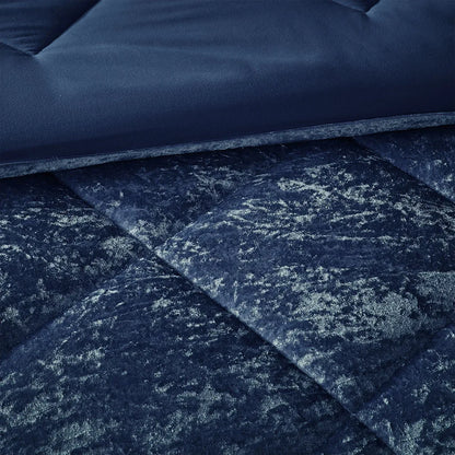 Full/Queen Velvet Comforter Set with Throw Pillow (Navy + Polyester + Full)"