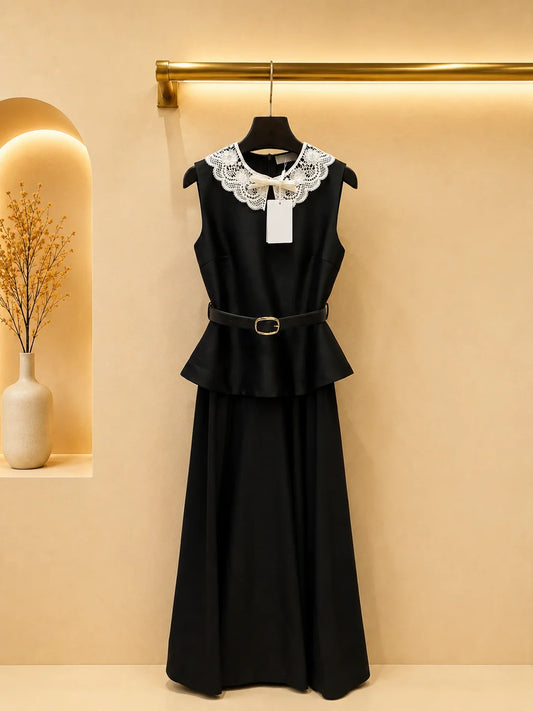 2026 Women Dress Faux Two Piece Long Garment Openwork Lace Neckline Peplum Waist Adjustable Waist Strap