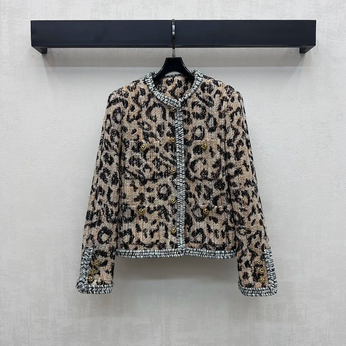2026 Women Tweed Two Piece Set Leopard Wool Blend Trim Jacket High Waist A‑Line Midi Skirt Carved Buttons