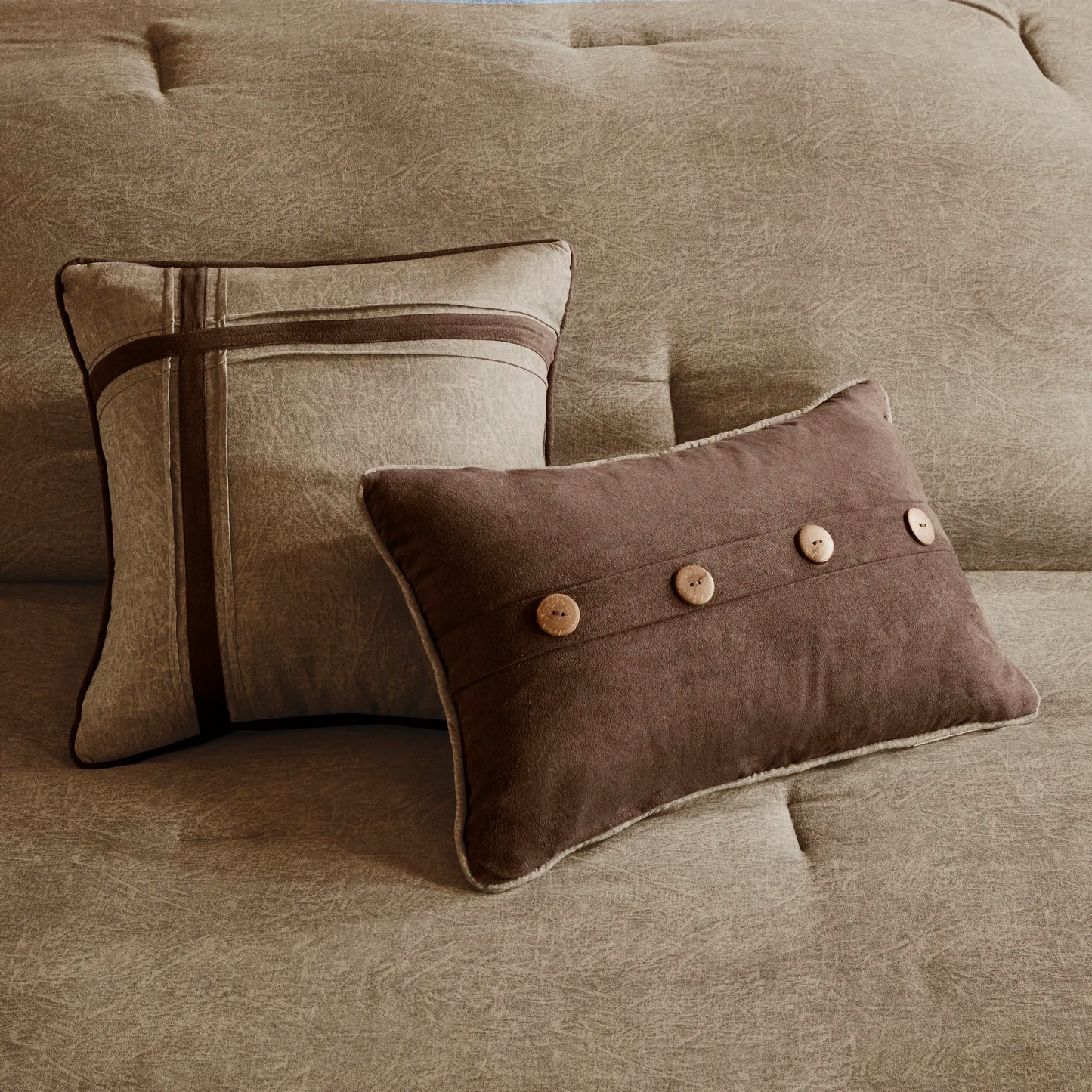 7 Piece Faux Suede Comforter Set Brown Queen (Brown + Polyester + Queen)"