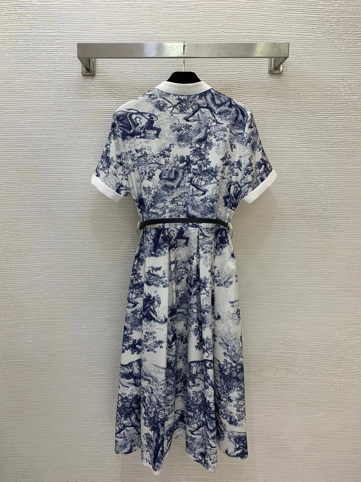 2026 Women Dress Stand Collar Short Sleeve Midi Dress, Vintage Blue Nature Print With Pleated Bust & Slim Belted Flared Hem