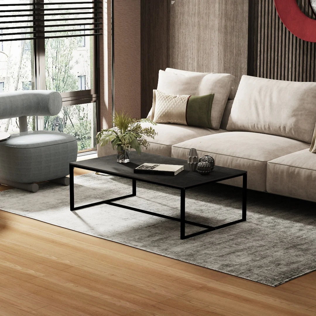 LUVODI Rectangular Coffee Table 100x60cm Sintered Stone Top Black Metal Frame Modern Center Table for Living Room