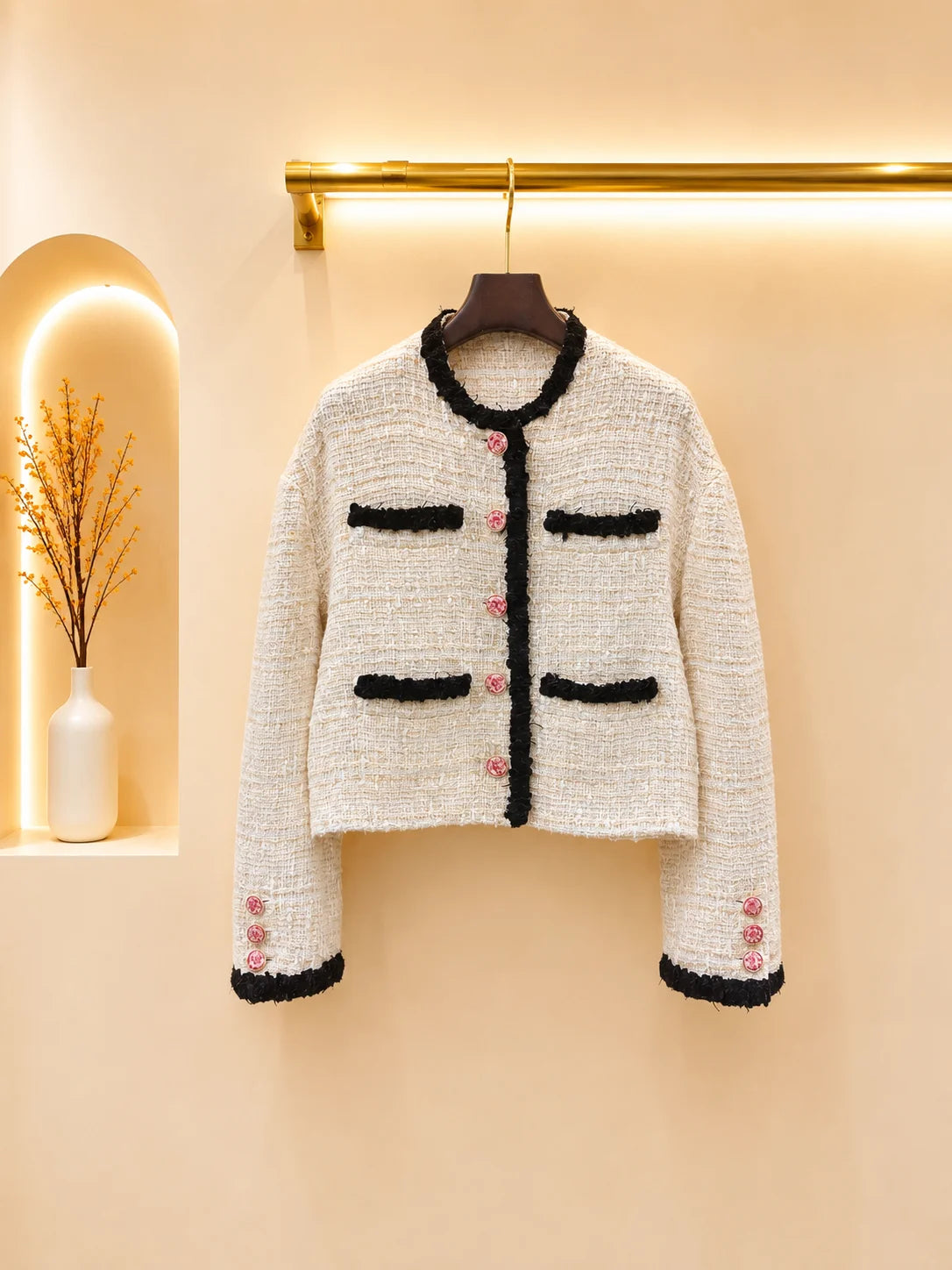 2026 Women Tweed Jacket Round Neck Contrast Fringe Trim Cropped Outerwear Inner Gold Chain Lining Design