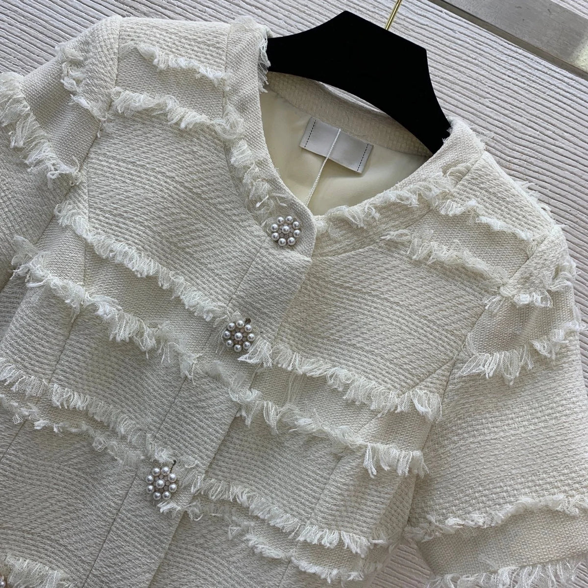 2026 Women Dress Short Sleeve Fringe Trim Woven Fabric Mini Dress Rhinestone Pearl Buttons Chain Belt Pocket Bodycon Outfit