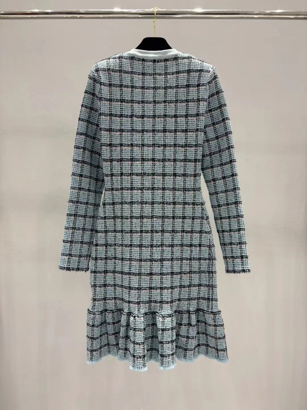 2026 Women Dress Knitted Plaid Beaded Neckline Flower Decor Buttons Multi Patch Pockets Long Sleeve Ruffle Hem