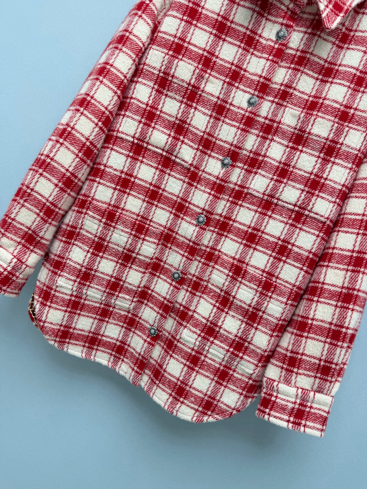 2026 Women Shirt Jacket Red White Plaid Wool Blend Collar Drop Shoulder Rhinestone Buttons Chain Dual Pockets Outerwear