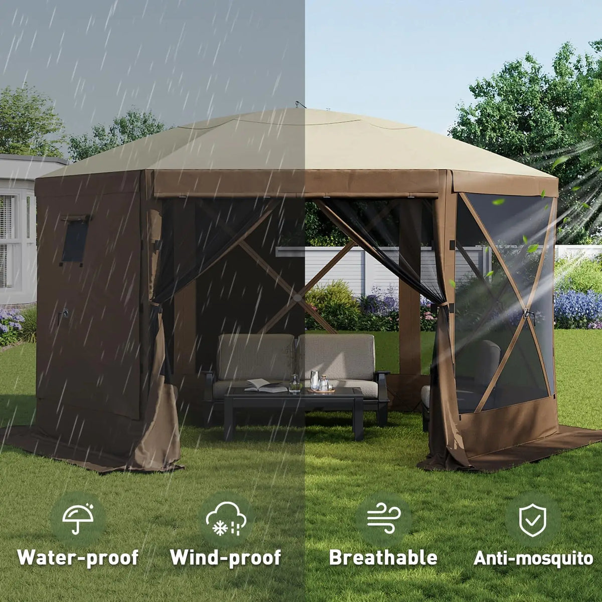 Aoxun 12x12ft Pop Up Canopy Tent 6 Sided Screen Tent With Mesh Windows And Carrying Bag Large Sunshade For Camping Backyard Courtyard Lawn Brown