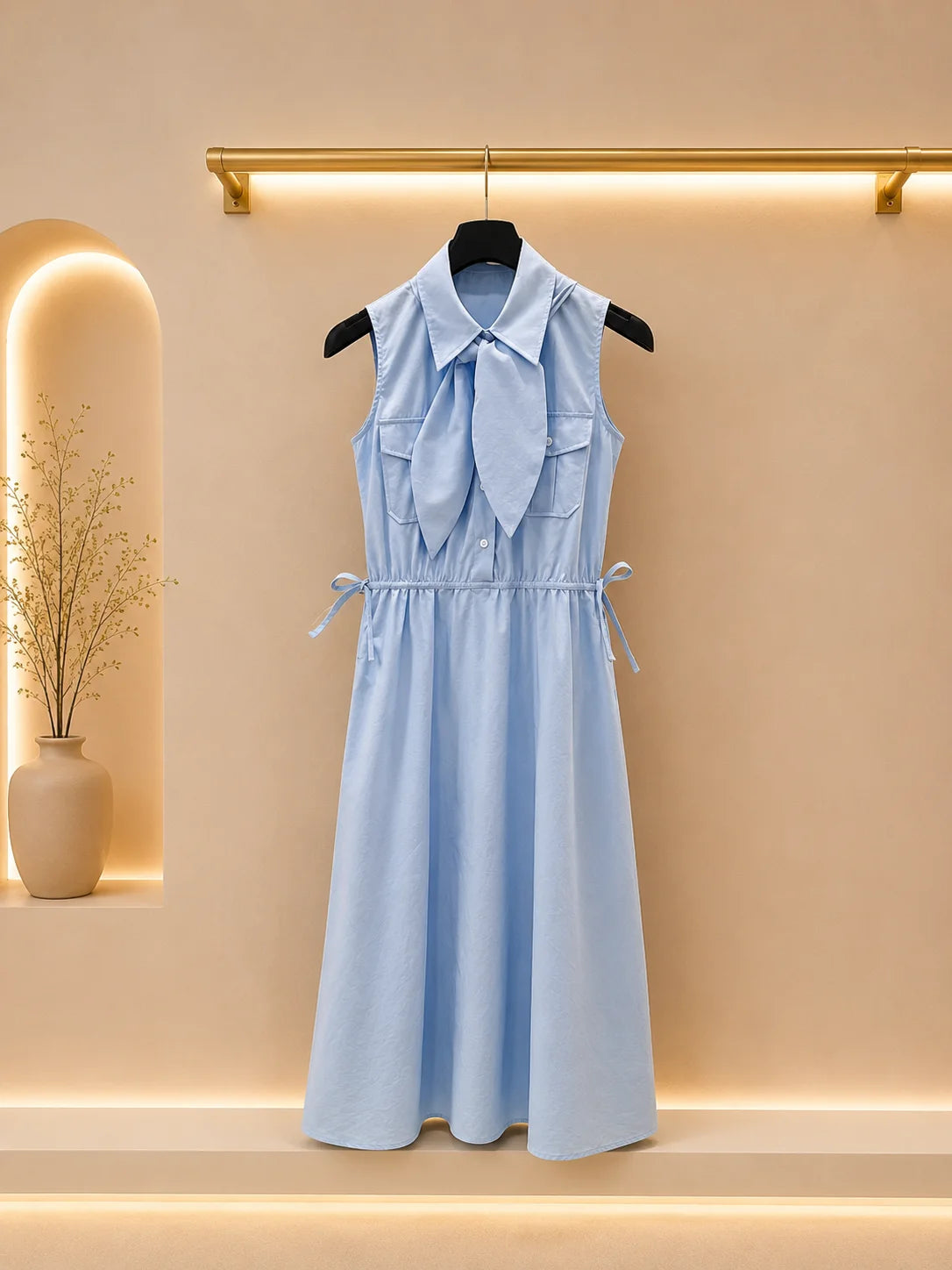 2026 Women Dress Relaxed Midi Shirt Dress Sleeveless Turn Down Collar Bow Ornament Waist Side Knot Stitched Chest Pockets