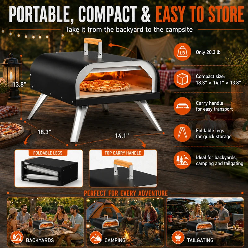Portable Outdoor Gas Pizza Oven, 12 Inch Propane Pizza Maker with Pizza Stone, High Temperature Stainless Steel Pizza Grill for Backyard Camping Garden Homemade Italian Pizza