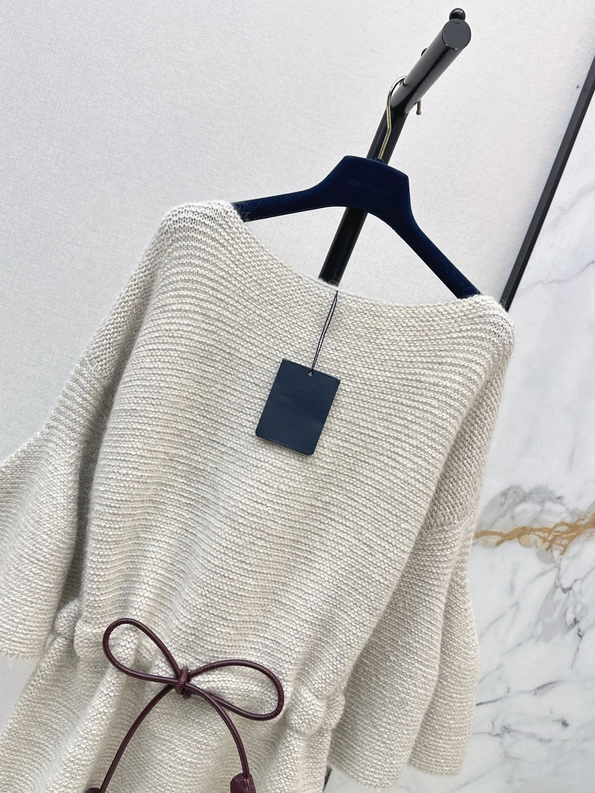 2026 Women Tunic Sweater Boat Neck Batwing Flare Sleeve Leather Drawstring Bow Waist Thick Wool Blend Loose Top