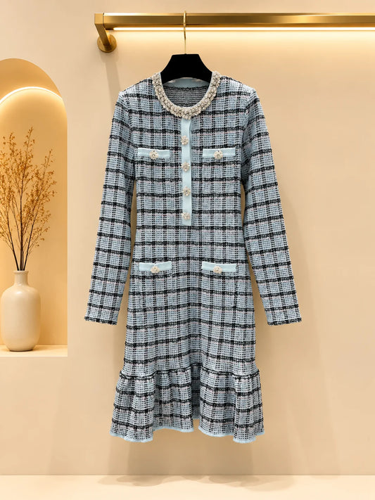 2026 Women Dress Knitted Plaid Beaded Neckline Flower Decor Buttons Multi Patch Pockets Long Sleeve Ruffle Hem