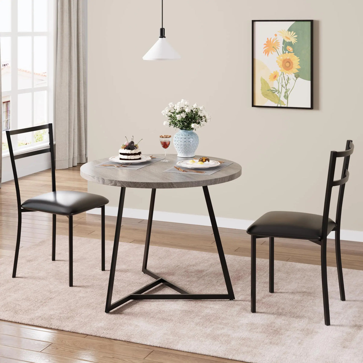 Dining Table Set for 2, Kitchen Table and Chairs for 2 with Upholstered Chairs, 3 Piece Dining Room Table Set, Round Kitchen Table Set for Small Space, Apartment, Studio, Rustic Brown