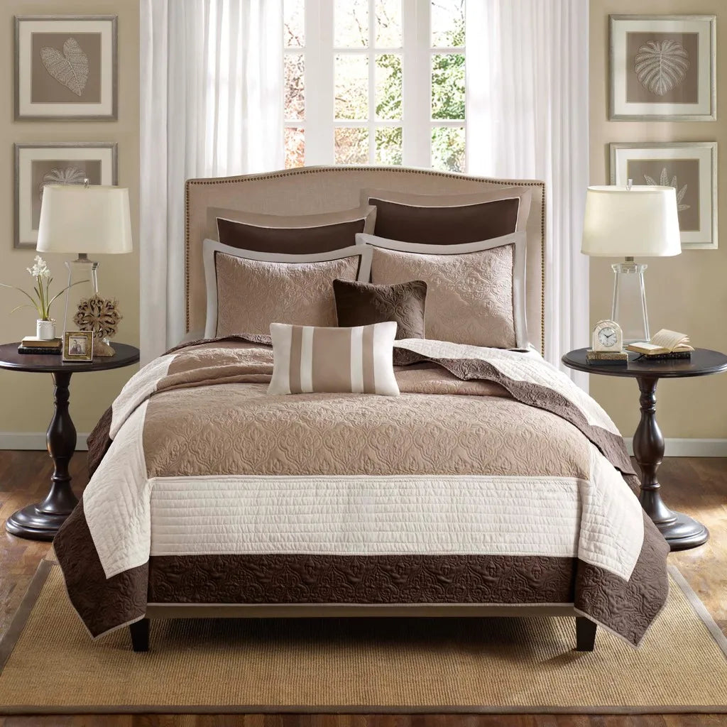 7 Piece Quilt Set with Euro Shams and Throw Pillows Beige King/Cal King (Beige + Cotton + King)"