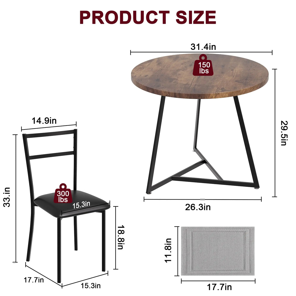 Dining Table Set for 2, Kitchen Table and Chairs for 2 with Upholstered Chairs, 3 Piece Dining Room Table Set, Round Kitchen Table Set for Small Space, Apartment, Studio, Rustic Brown