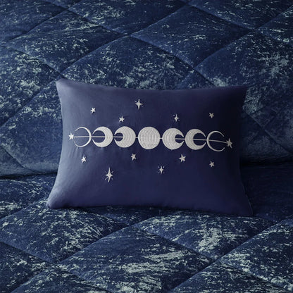 Full/Queen Velvet Comforter Set with Throw Pillow (Navy + Polyester + Full)"