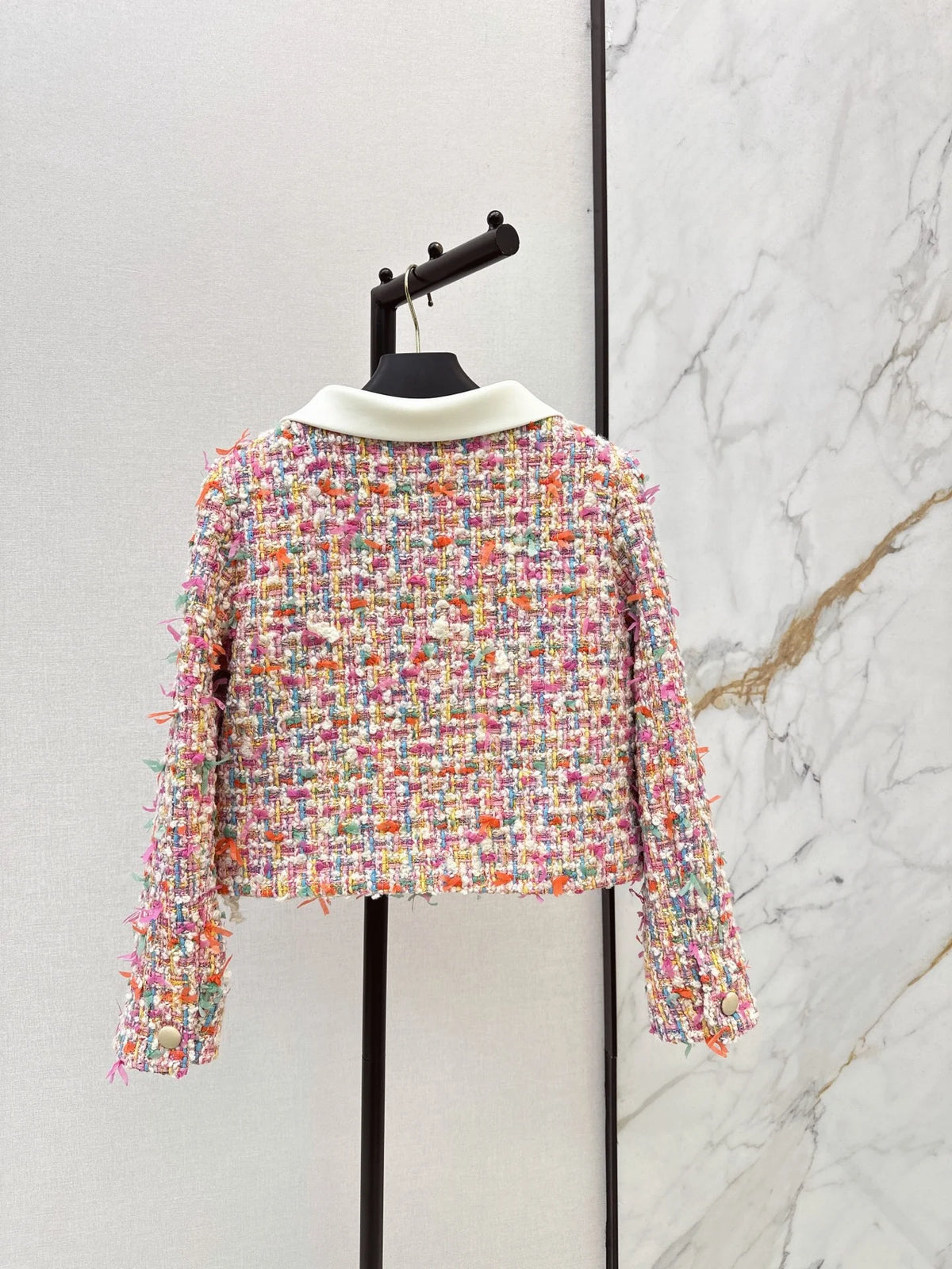 2026 Women Tweed Two Piece Set Contrast Doll Collar Wool Blend Fabric Multi Yarn Woven Cropped Jacket A Line Skirt Outfit