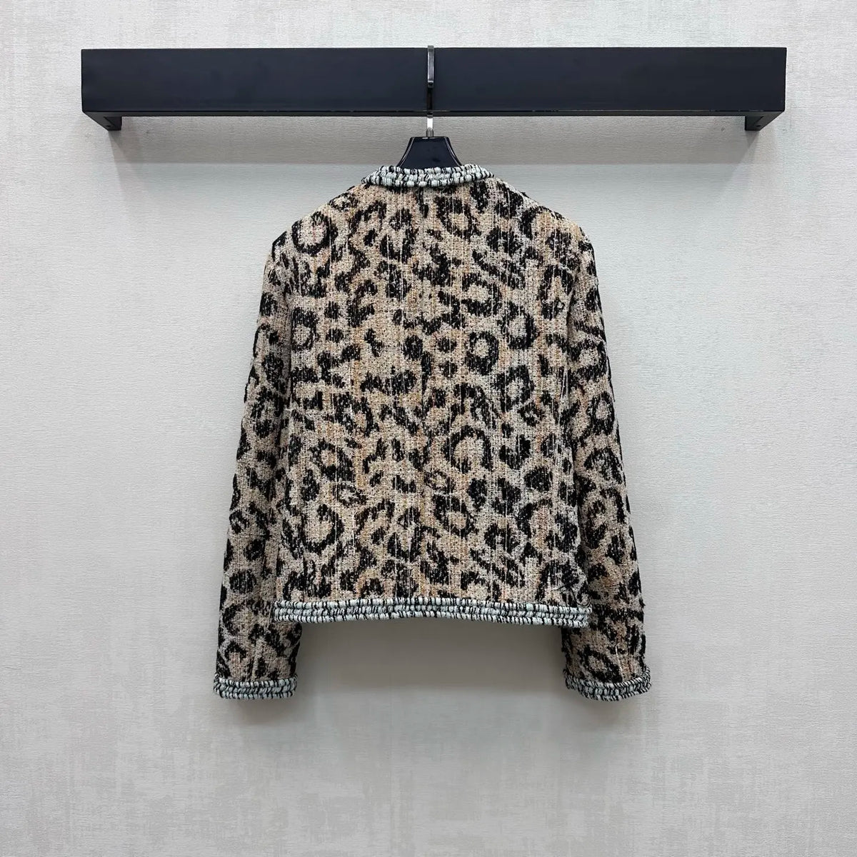 2026 Women Tweed Two Piece Set Leopard Wool Blend Trim Jacket High Waist A‑Line Midi Skirt Carved Buttons