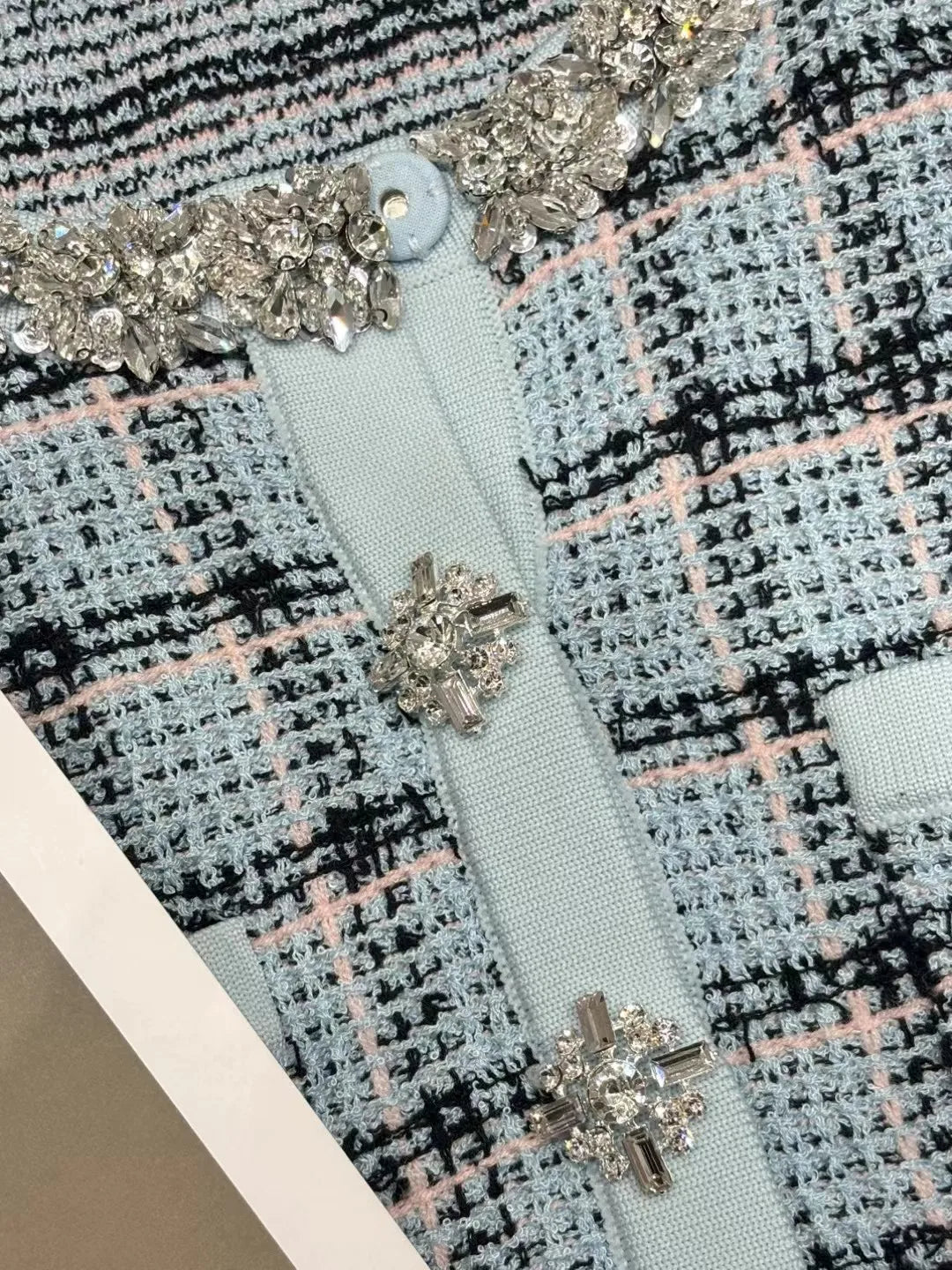 2026 Women Dress Knitted Plaid Beaded Neckline Flower Decor Buttons Multi Patch Pockets Long Sleeve Ruffle Hem
