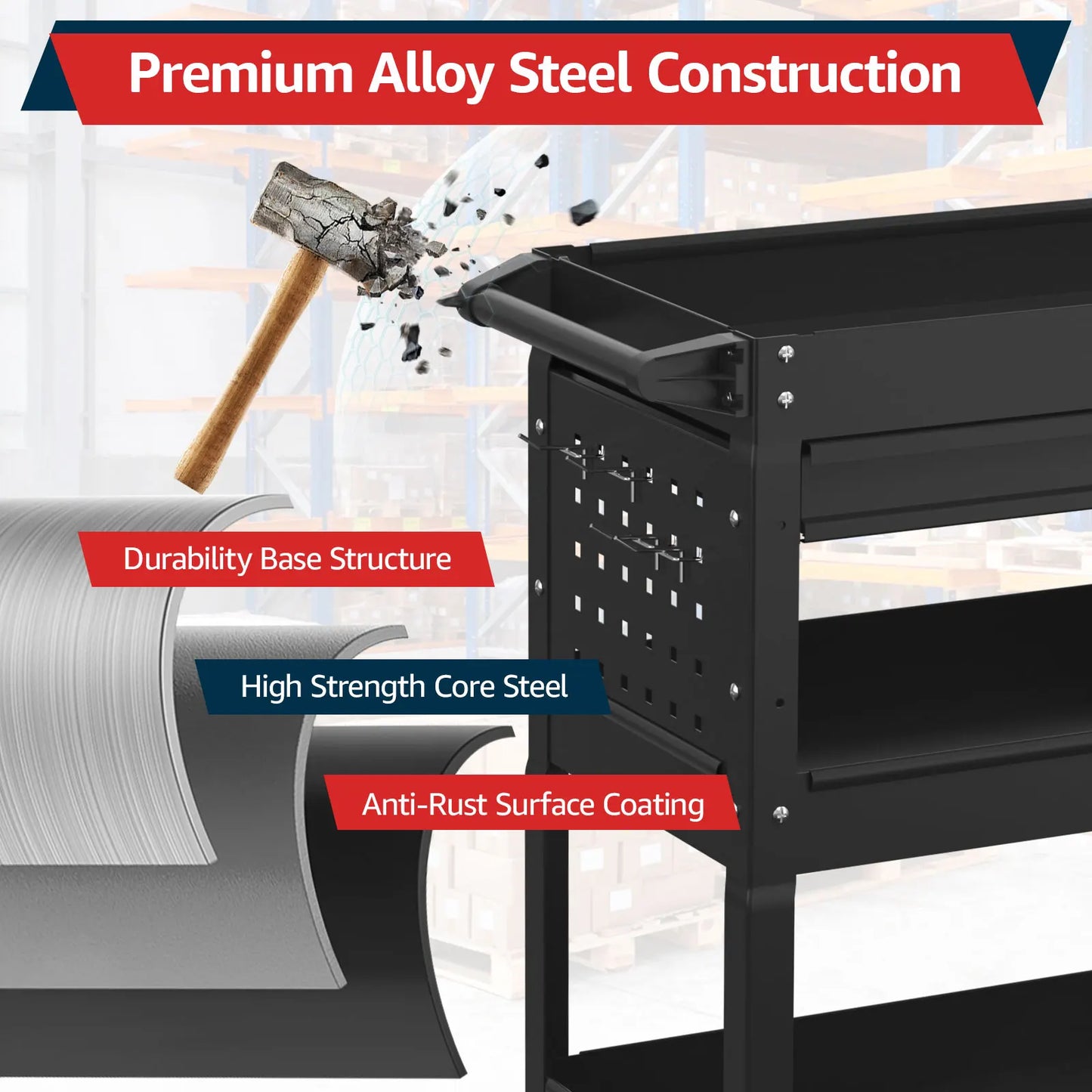 Kieperi 3 Tier Rolling Tool Cart on Wheels for Mechanics,400 LBS Tool Cart with Drawers for Garage