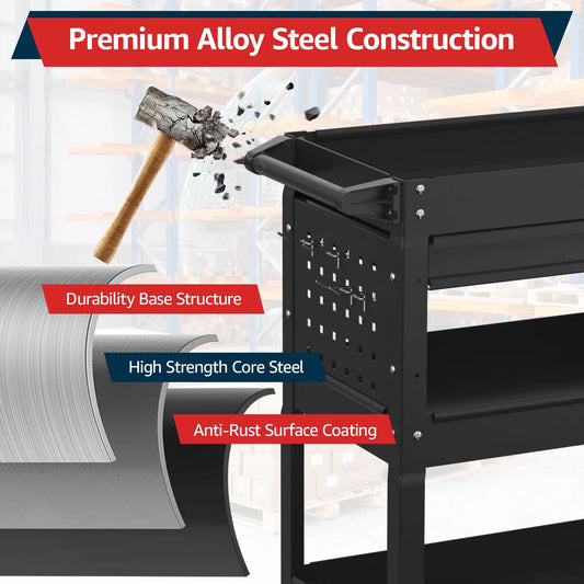 Kieperi 3 Tier Rolling Tool Cart on Wheels for Mechanics,400 LBS Tool Cart with Drawers for Garage