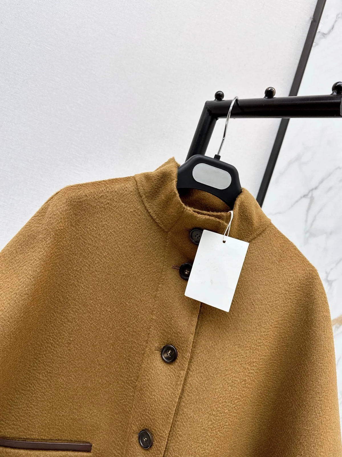 2026 Women Short Cape Jacket Custom Water Ripple Cashmere Fabric Soft Comfortable Pocket Contrast Leather Trim Irregular Drape