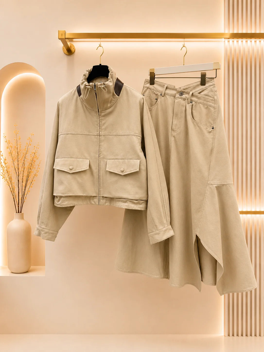 2026 Women Two Piece Set High Collar Leather Patch Zip Up Jacket High Waist Irregular Midi Skirt
