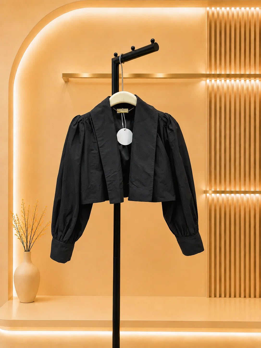 2026 Women Jacket Lapel Collar Ruffle Detail Cropped Open Front Long Sleeve Outerwear Trench‑Like Woven Texture