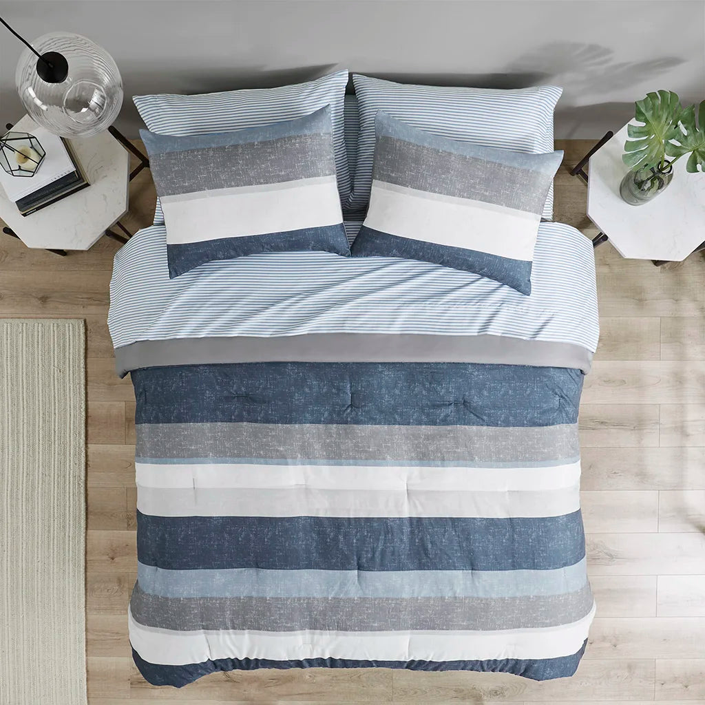 Stripe Comforter Set with Bed Sheets Blue/Grey Queen (Blue+Grey + Polyester)