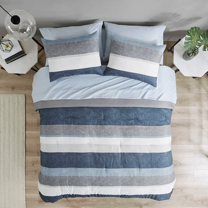 Stripe Comforter Set with Bed Sheets Blue/Grey Queen (Blue+Grey + Polyester)