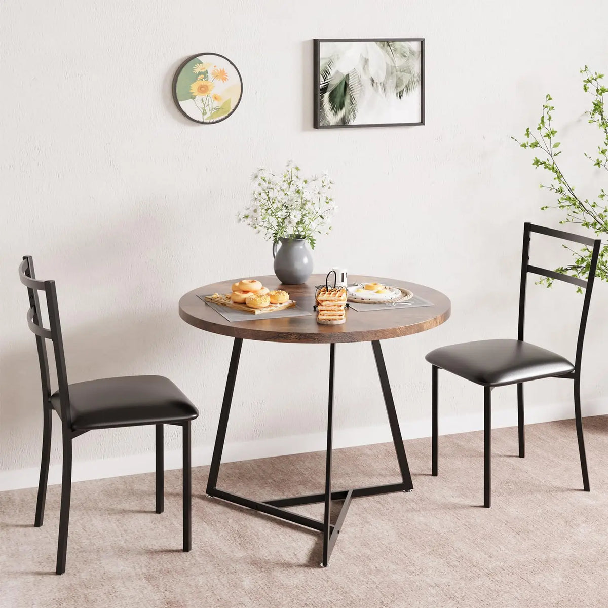Dining Table Set for 2, Kitchen Table and Chairs for 2 with Upholstered Chairs, 3 Piece Dining Room Table Set, Round Kitchen Table Set for Small Space, Apartment, Studio, Rustic Brown